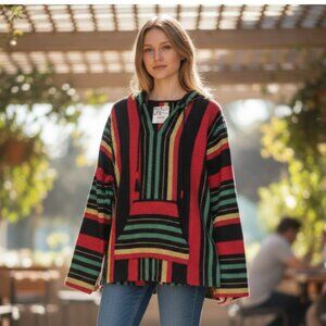NWT  Multicolored Baja Rainbow Sweater Hoodie Poncho M